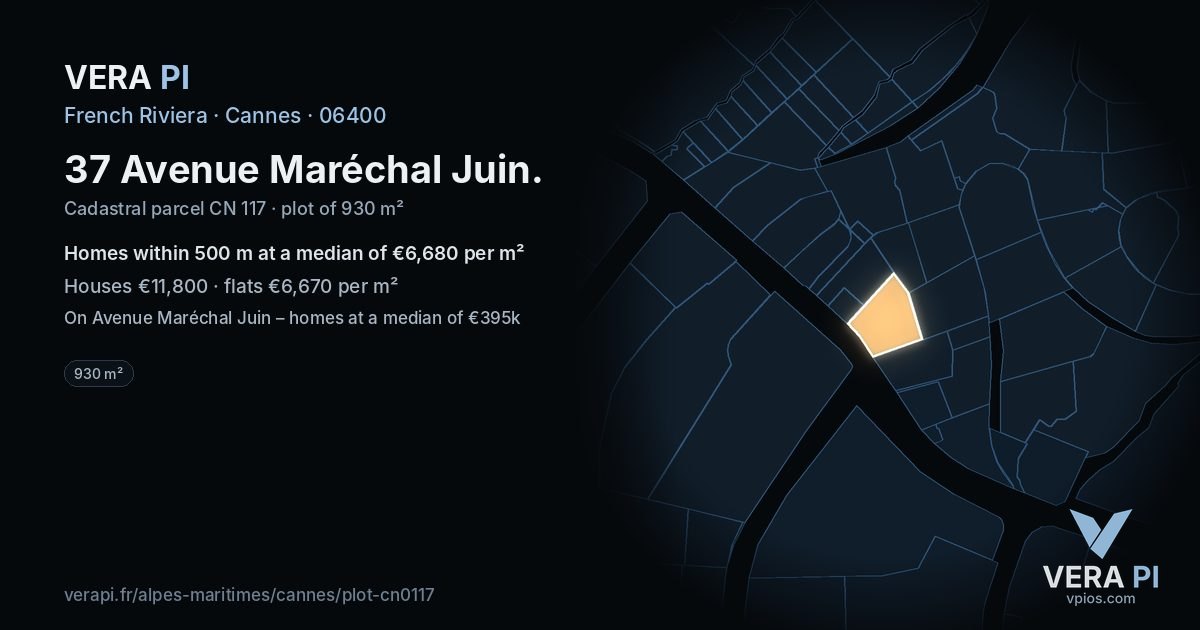 37 Avenue Maréchal Juin, Cannes at night – the plot lit, the parcels around coloured by the prices near them