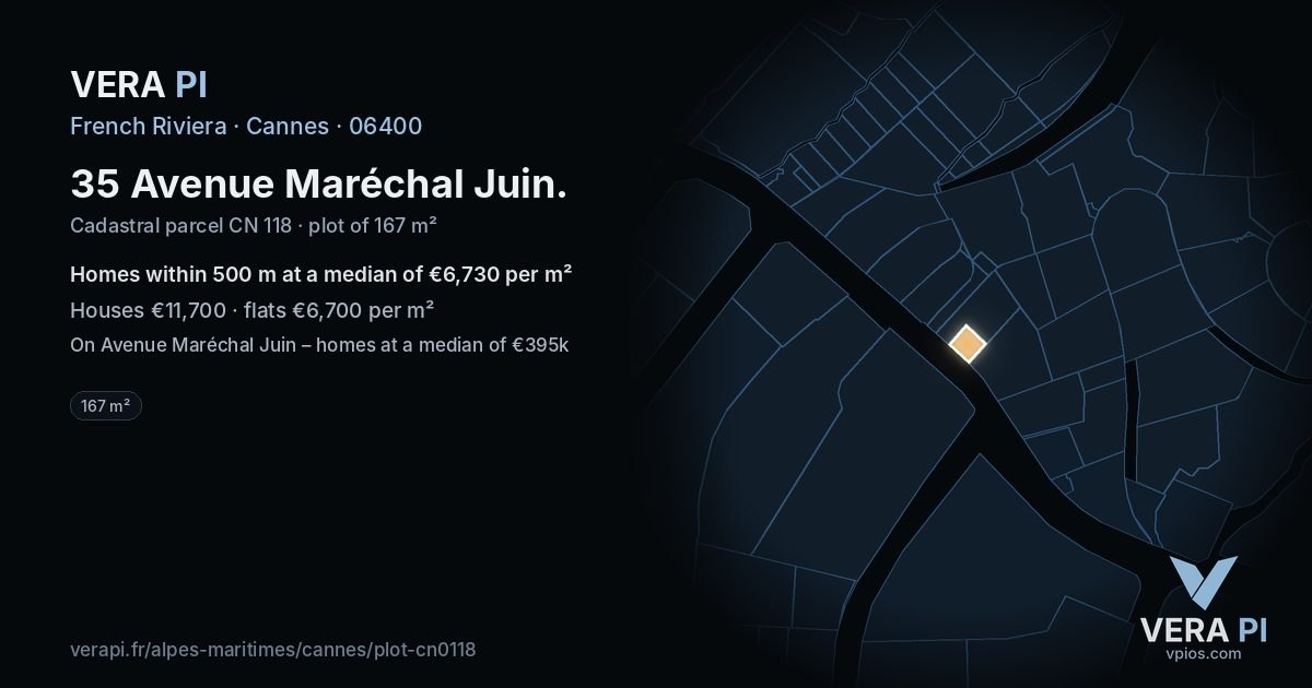 35 Avenue Maréchal Juin, Cannes at night – the plot lit, the parcels around coloured by the prices near them