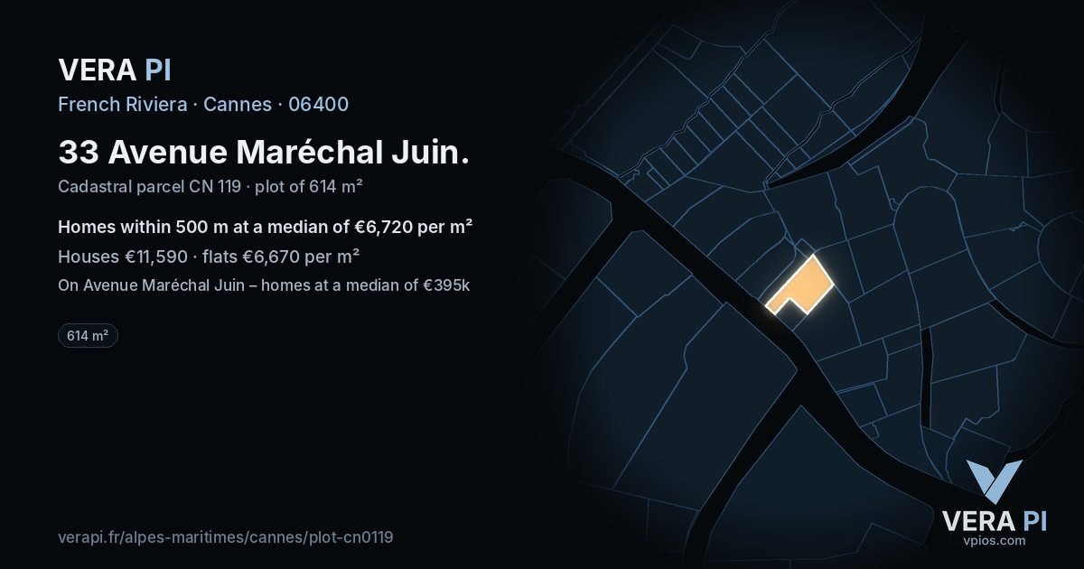 33 Avenue Maréchal Juin, Cannes at night – the plot lit, the parcels around coloured by the prices near them