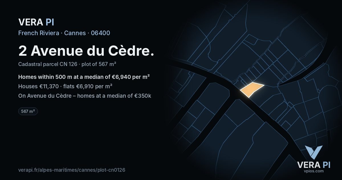 2 Avenue du Cèdre, Cannes at night – the plot lit, the parcels around coloured by the prices near them