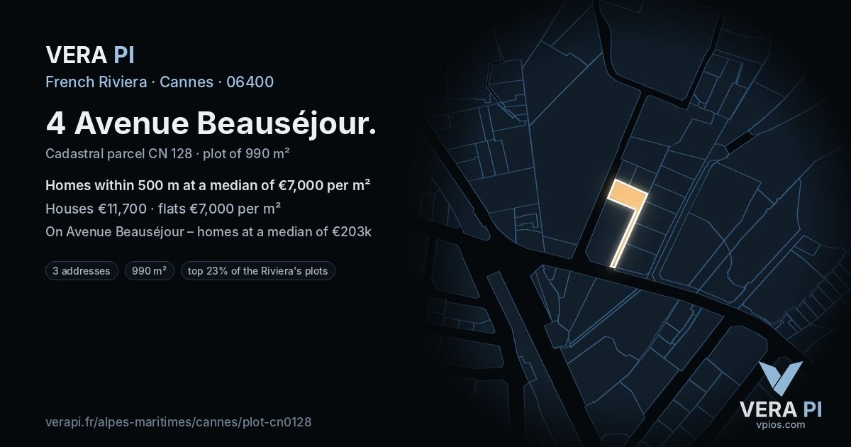 4 Avenue Beauséjour, Cannes at night – the plot lit, the parcels around coloured by the prices near them
