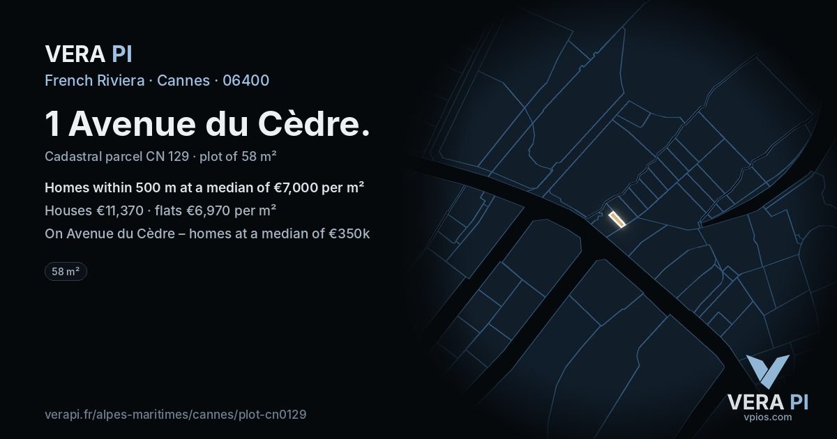 1 Avenue du Cèdre, Cannes at night – the plot lit, the parcels around coloured by the prices near them