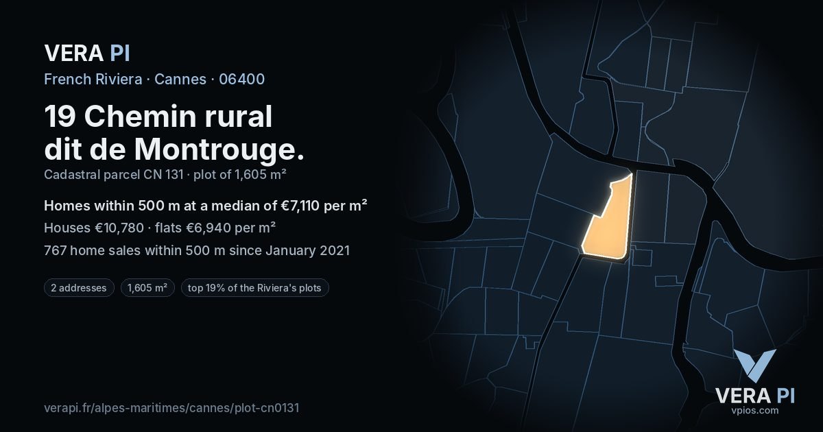 19 Chemin rural dit de Montrouge, Cannes at night – the plot lit, the parcels around coloured by the prices near them