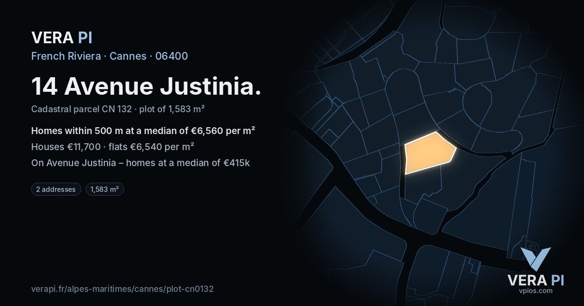 14 Avenue Justinia, Cannes at night – the plot lit, the parcels around coloured by the prices near them