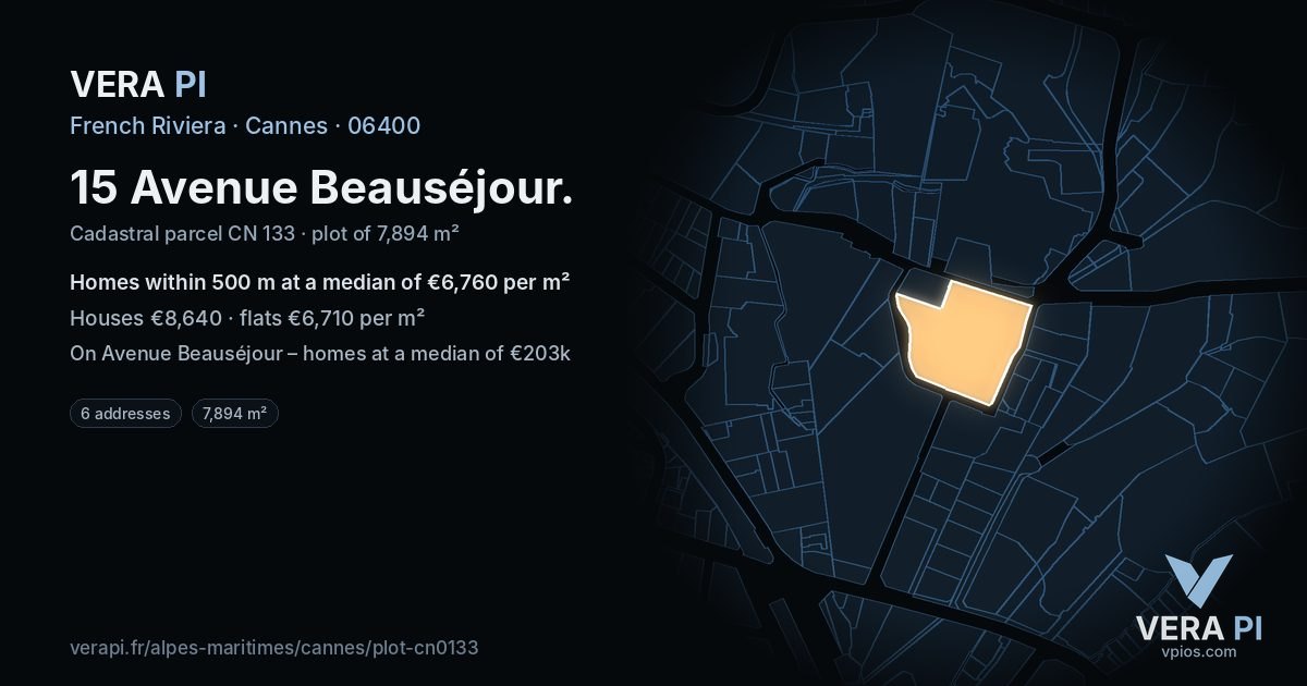 15 Avenue Beauséjour, Cannes at night – the plot lit, the parcels around coloured by the prices near them