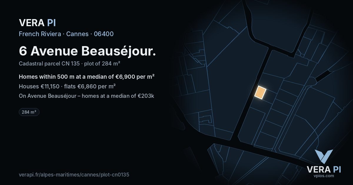 6 Avenue Beauséjour, Cannes at night – the plot lit, the parcels around coloured by the prices near them