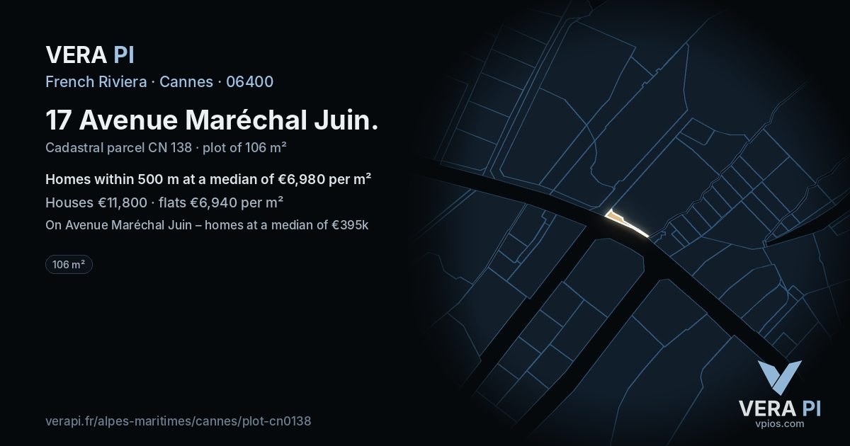 17 Avenue Maréchal Juin, Cannes at night – the plot lit, the parcels around coloured by the prices near them