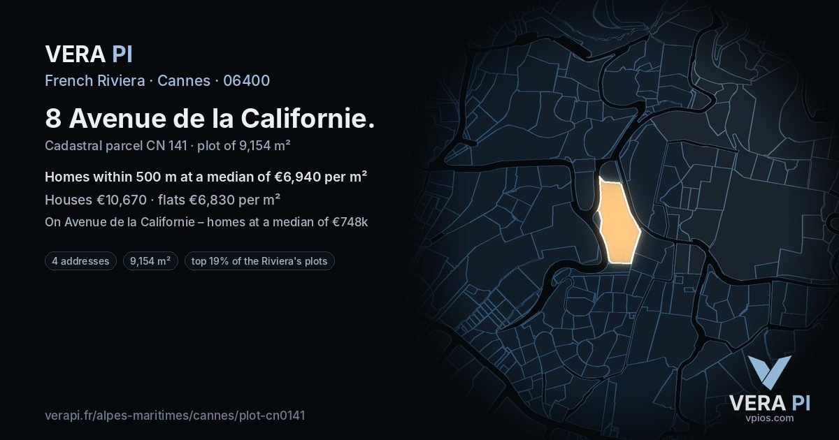 8 Avenue de la Californie, Cannes at night – the plot lit, the parcels around coloured by the prices near them