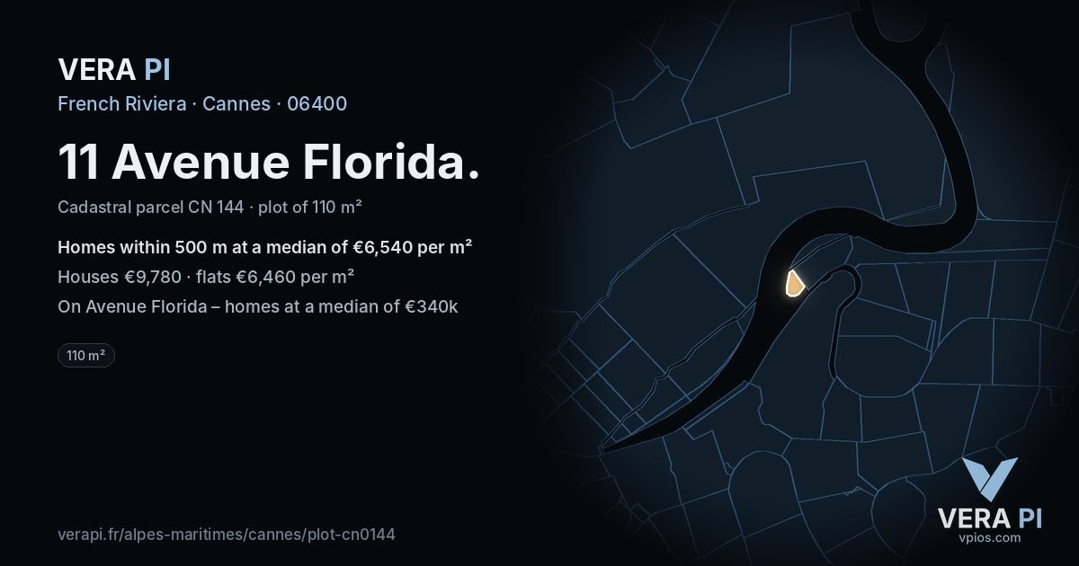 11 Avenue Florida, Cannes at night – the plot lit, the parcels around coloured by the prices near them