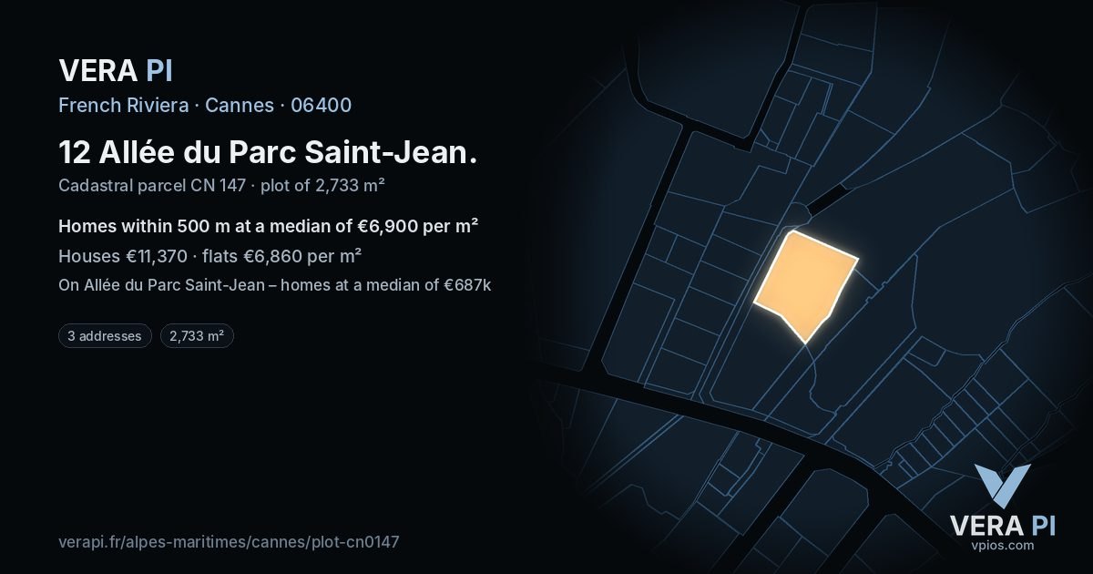 12 Allée du Parc Saint-Jean, Cannes at night – the plot lit, the parcels around coloured by the prices near them