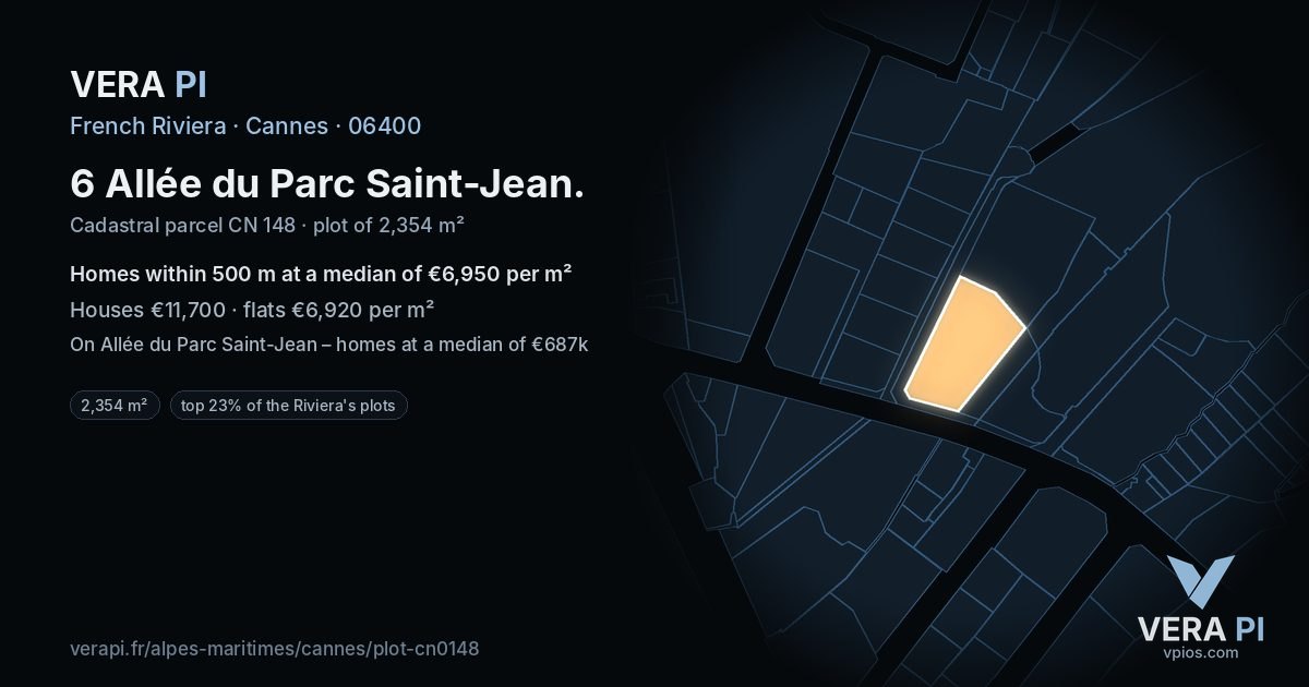 6 Allée du Parc Saint-Jean, Cannes at night – the plot lit, the parcels around coloured by the prices near them