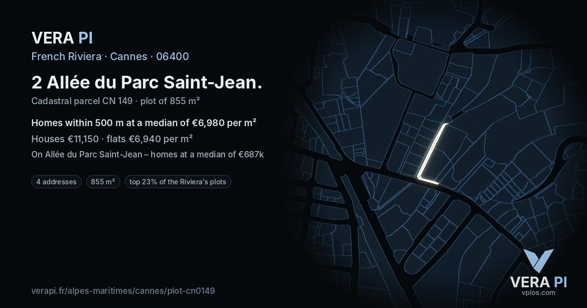 2 Allée du Parc Saint-Jean, Cannes at night – the plot lit, the parcels around coloured by the prices near them