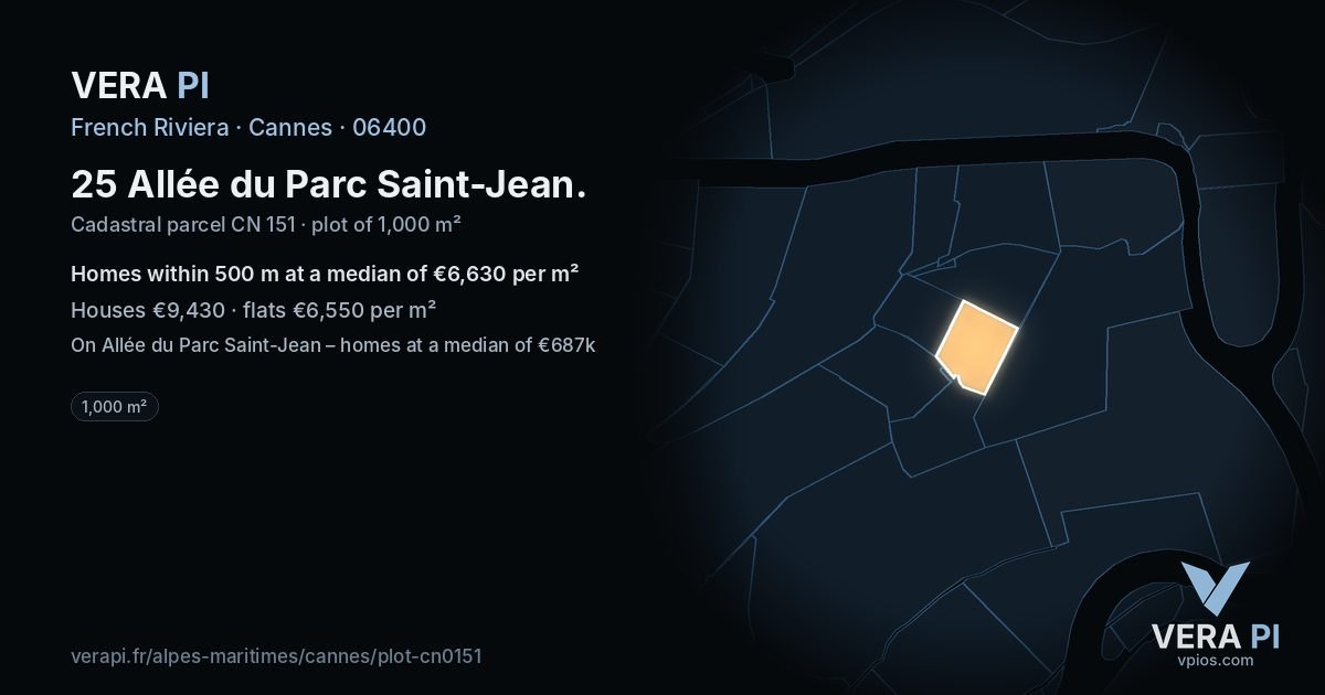 25 Allée du Parc Saint-Jean, Cannes at night – the plot lit, the parcels around coloured by the prices near them