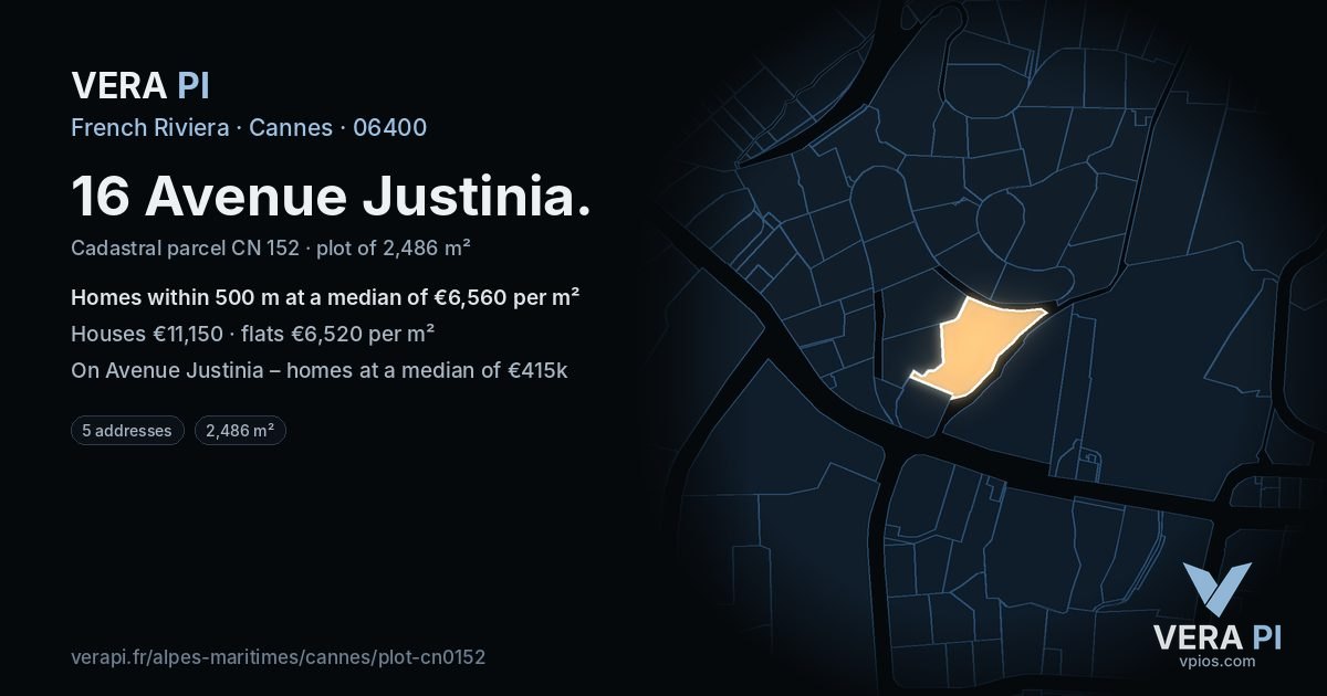 16 Avenue Justinia, Cannes at night – the plot lit, the parcels around coloured by the prices near them