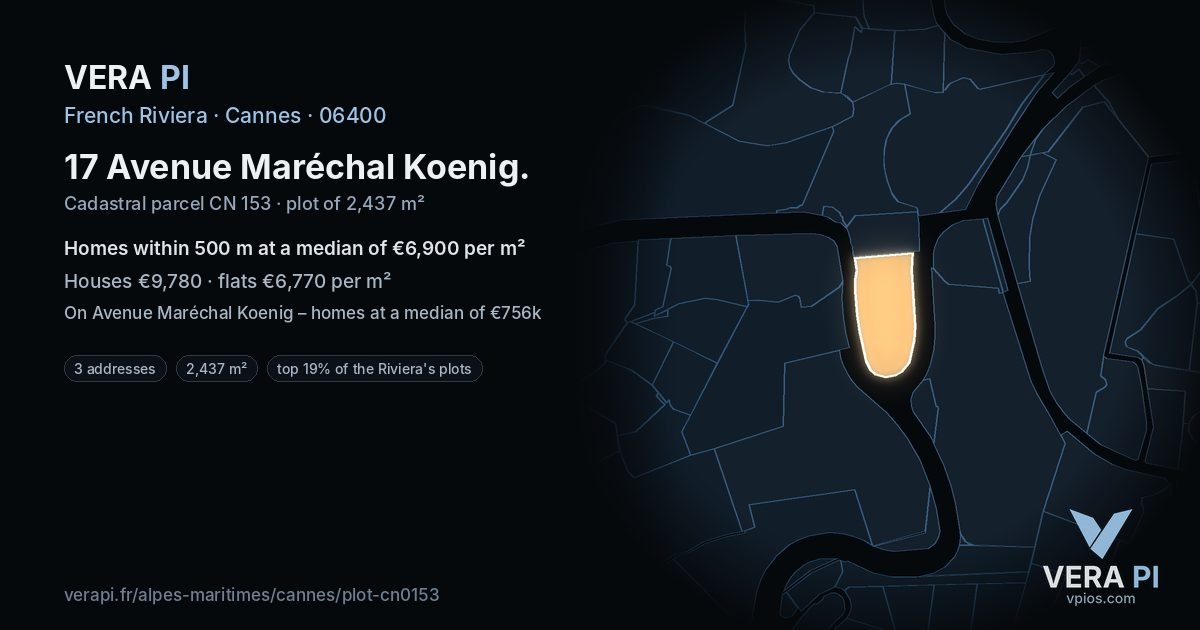 17 Avenue Maréchal Koenig, Cannes at night – the plot lit, the parcels around coloured by the prices near them