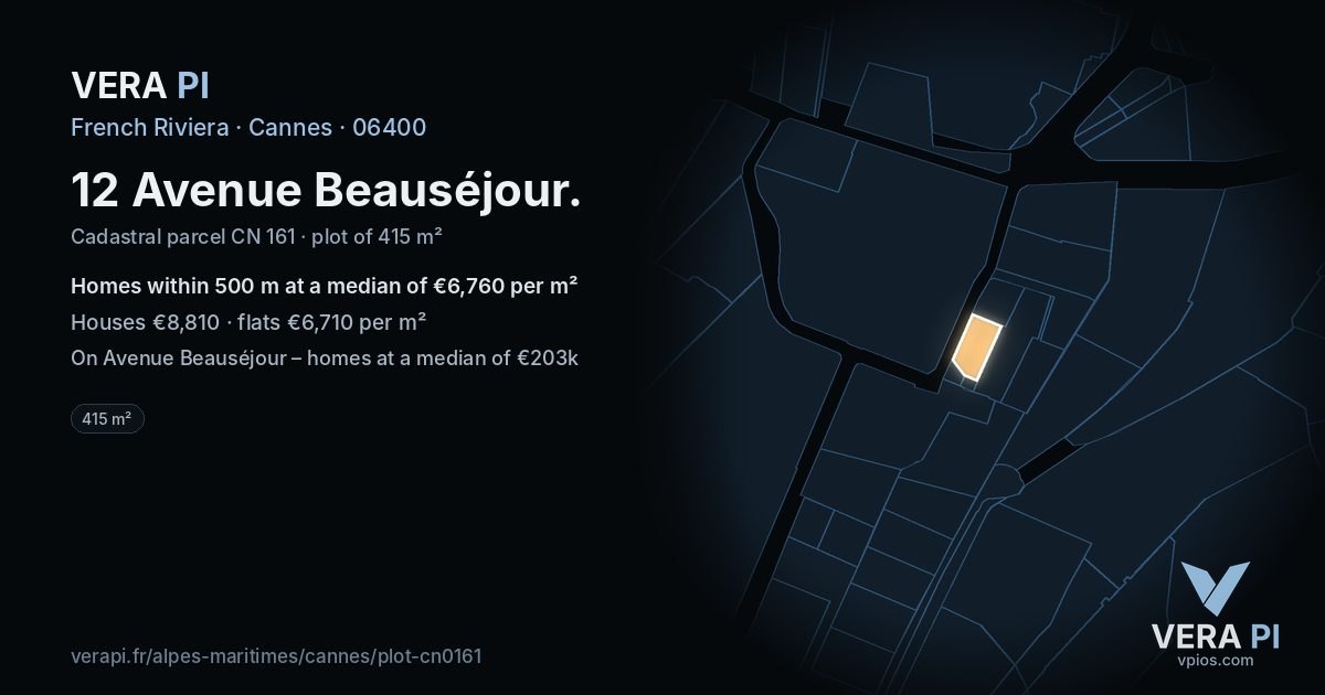 12 Avenue Beauséjour, Cannes at night – the plot lit, the parcels around coloured by the prices near them