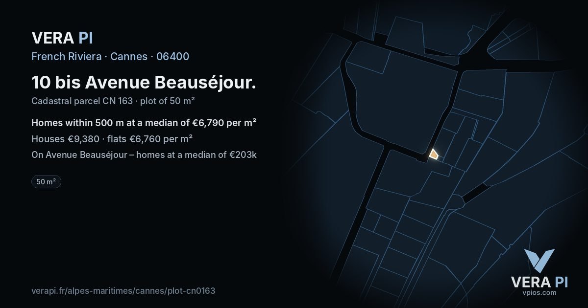 10 bis Avenue Beauséjour, Cannes at night – the plot lit, the parcels around coloured by the prices near them