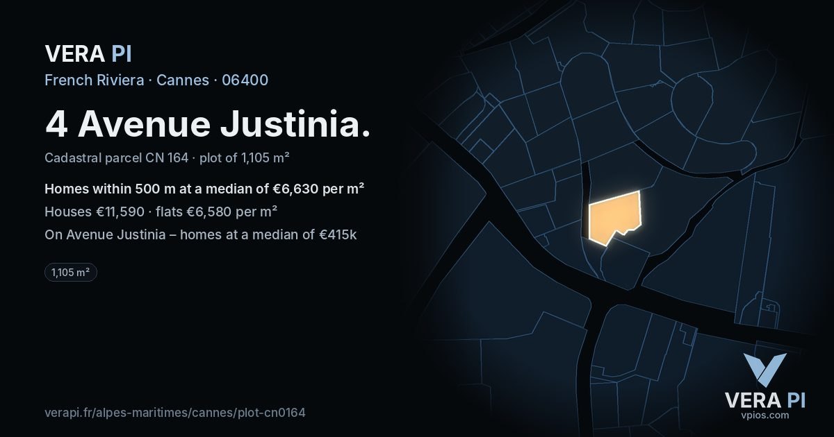 4 Avenue Justinia, Cannes at night – the plot lit, the parcels around coloured by the prices near them