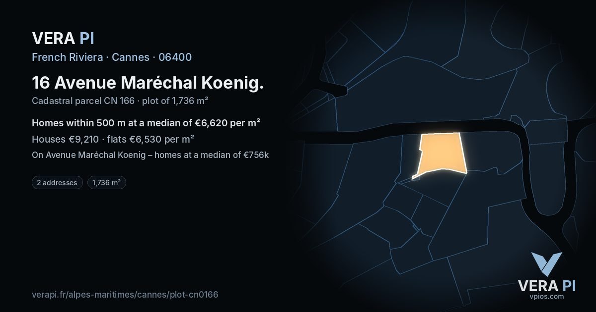 16 Avenue Maréchal Koenig, Cannes at night – the plot lit, the parcels around coloured by the prices near them
