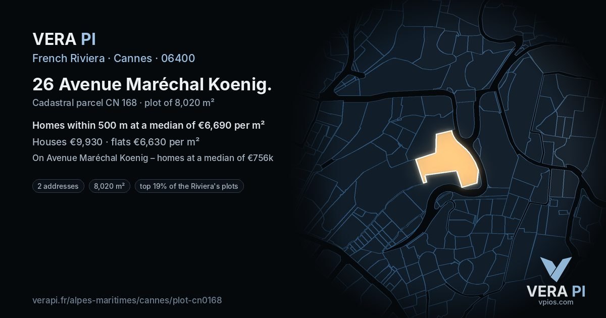 26 Avenue Maréchal Koenig, Cannes at night – the plot lit, the parcels around coloured by the prices near them
