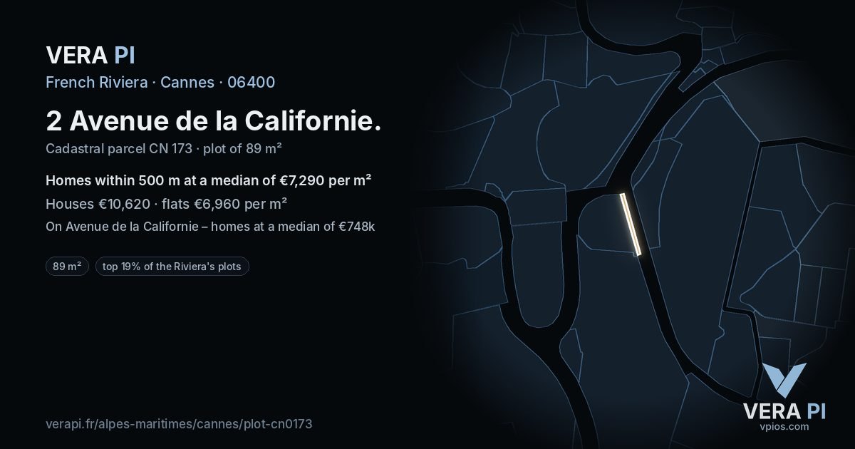 2 Avenue de la Californie, Cannes at night – the plot lit, the parcels around coloured by the prices near them