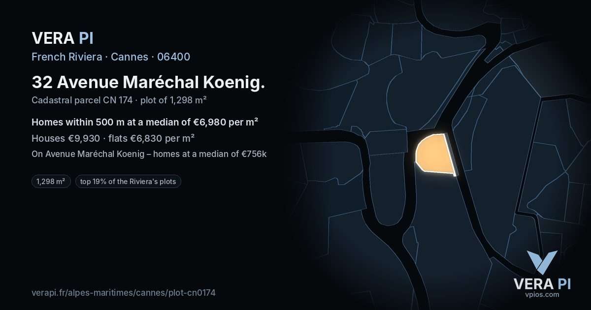 32 Avenue Maréchal Koenig, Cannes at night – the plot lit, the parcels around coloured by the prices near them