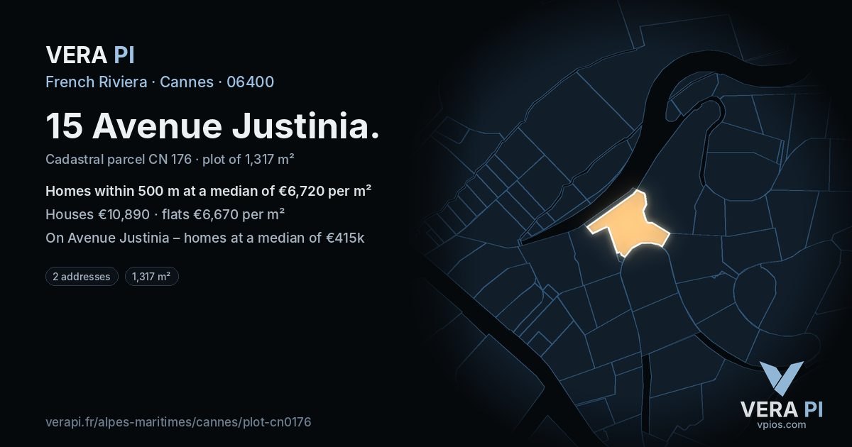 15 Avenue Justinia, Cannes at night – the plot lit, the parcels around coloured by the prices near them