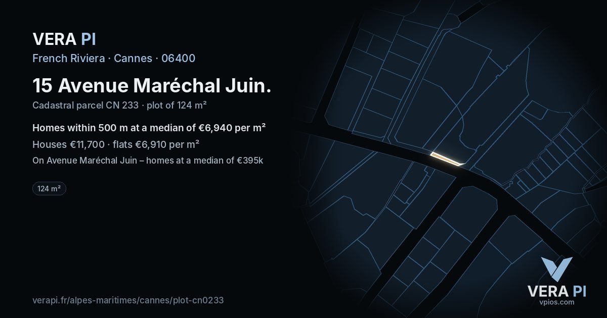 15 Avenue Maréchal Juin, Cannes at night – the plot lit, the parcels around coloured by the prices near them