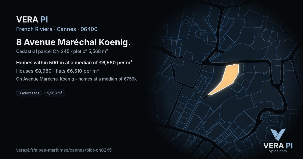 8 Avenue Maréchal Koenig, Cannes at night – the plot lit, the parcels around coloured by the prices near them