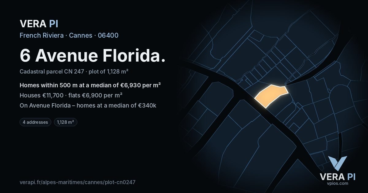 6 Avenue Florida, Cannes at night – the plot lit, the parcels around coloured by the prices near them