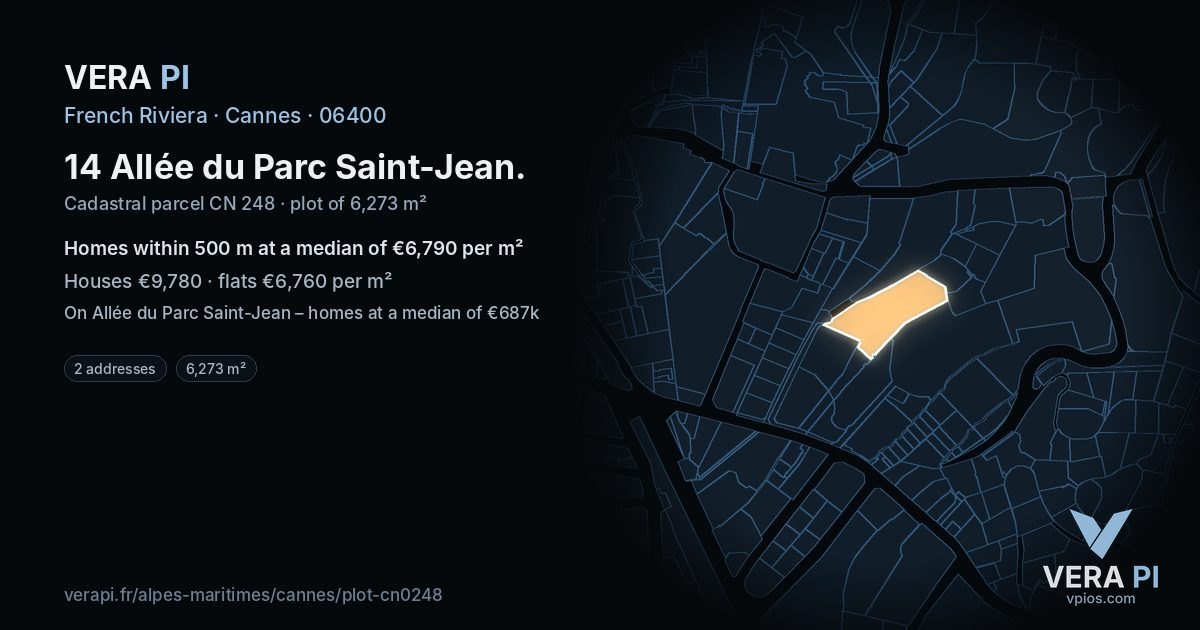 14 Allée du Parc Saint-Jean, Cannes at night – the plot lit, the parcels around coloured by the prices near them