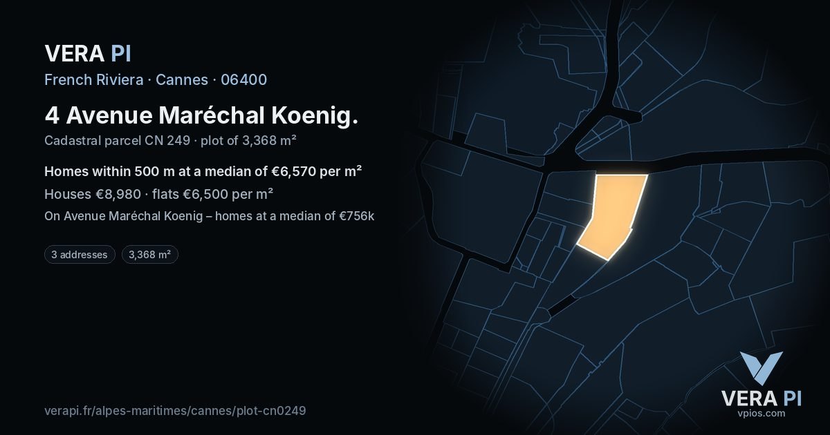 4 Avenue Maréchal Koenig, Cannes at night – the plot lit, the parcels around coloured by the prices near them