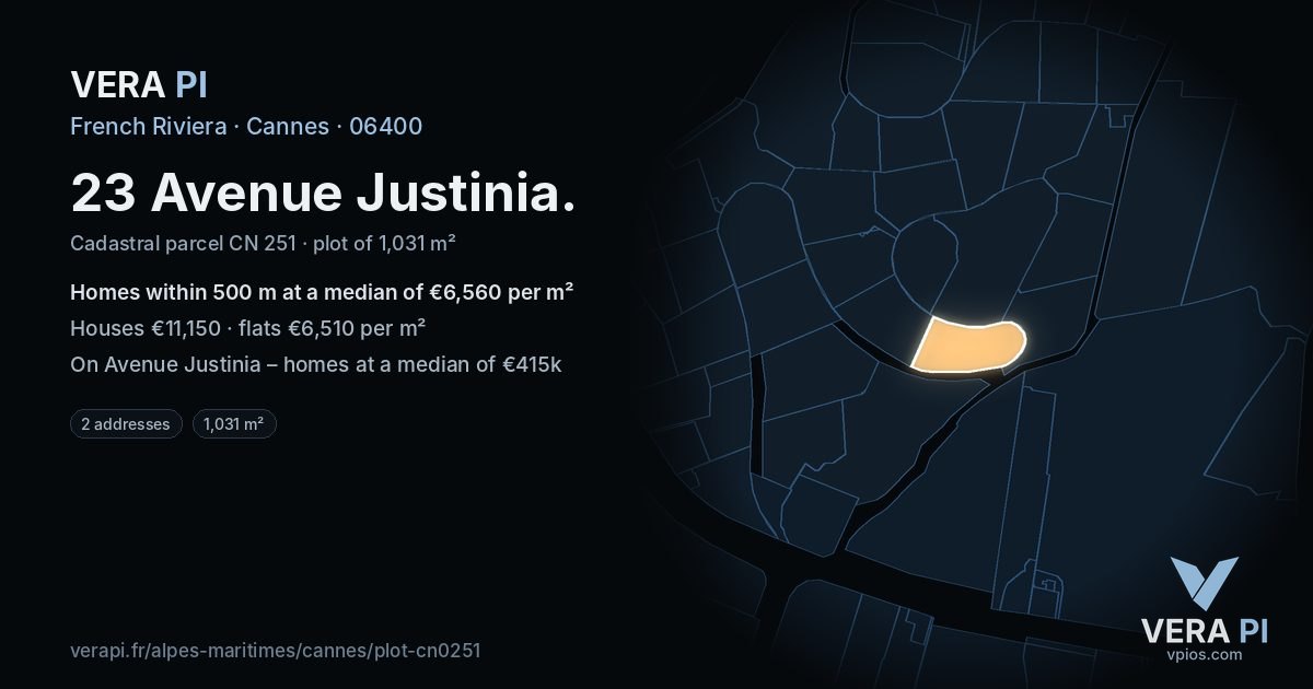 23 Avenue Justinia, Cannes at night – the plot lit, the parcels around coloured by the prices near them