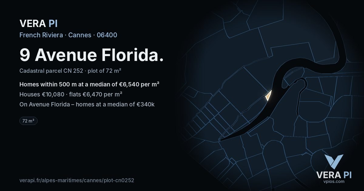 9 Avenue Florida, Cannes at night – the plot lit, the parcels around coloured by the prices near them