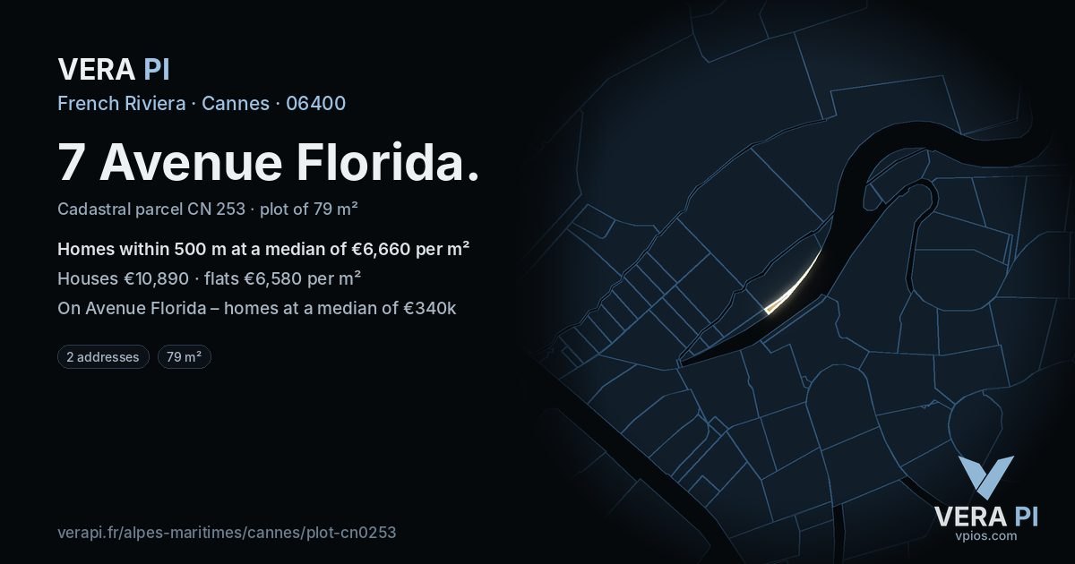 7 Avenue Florida, Cannes at night – the plot lit, the parcels around coloured by the prices near them