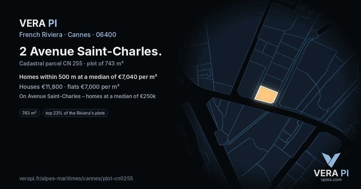 2 Avenue Saint-Charles, Cannes at night – the plot lit, the parcels around coloured by the prices near them
