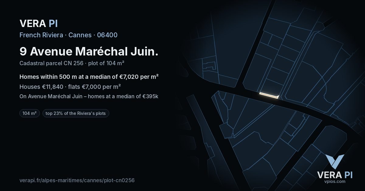 9 Avenue Maréchal Juin, Cannes at night – the plot lit, the parcels around coloured by the prices near them