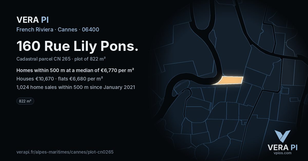 160 Rue Lily Pons, Cannes at night – the plot lit, the parcels around coloured by the prices near them