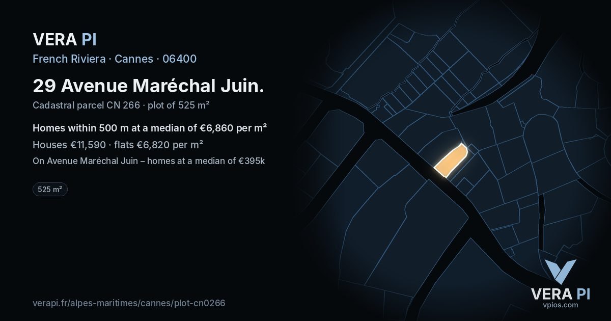 29 Avenue Maréchal Juin, Cannes at night – the plot lit, the parcels around coloured by the prices near them