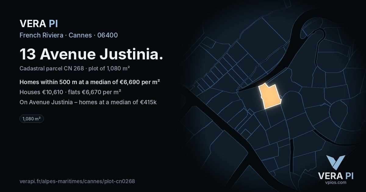 13 Avenue Justinia, Cannes at night – the plot lit, the parcels around coloured by the prices near them