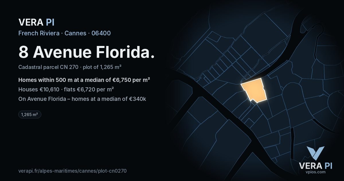8 Avenue Florida, Cannes at night – the plot lit, the parcels around coloured by the prices near them