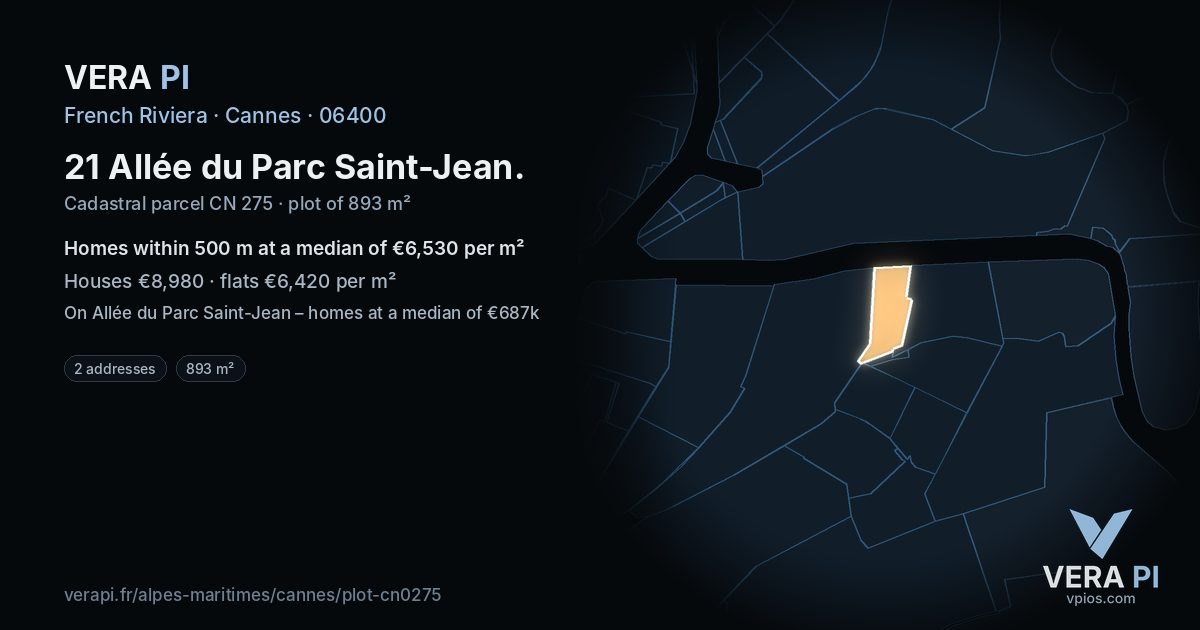 21 Allée du Parc Saint-Jean, Cannes at night – the plot lit, the parcels around coloured by the prices near them