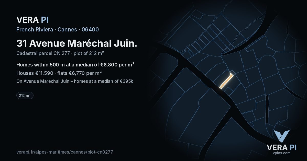 31 Avenue Maréchal Juin, Cannes at night – the plot lit, the parcels around coloured by the prices near them