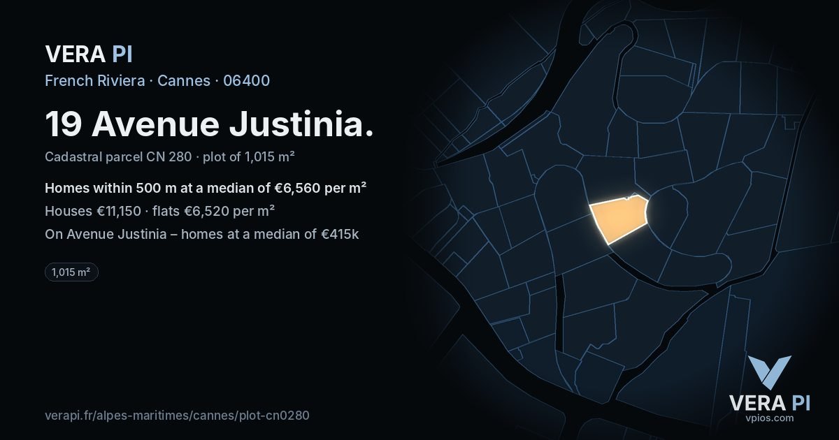 19 Avenue Justinia, Cannes at night – the plot lit, the parcels around coloured by the prices near them