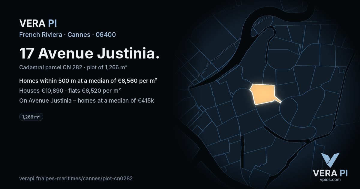 17 Avenue Justinia, Cannes at night – the plot lit, the parcels around coloured by the prices near them