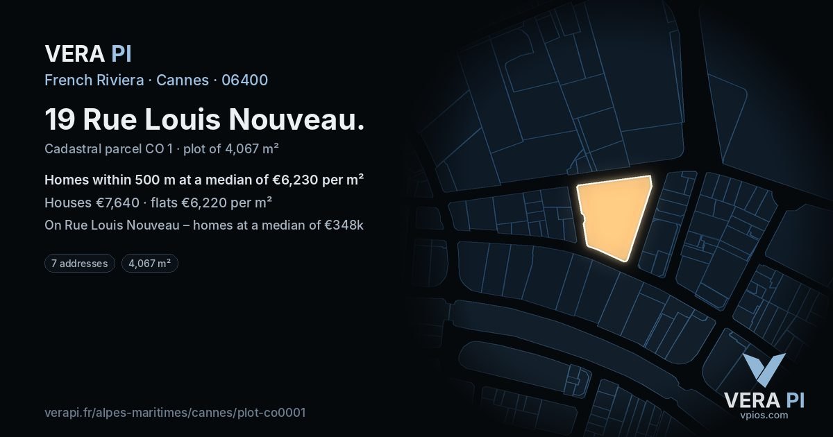 19 Rue Louis Nouveau, Cannes at night – the plot lit, the parcels around coloured by the prices near them