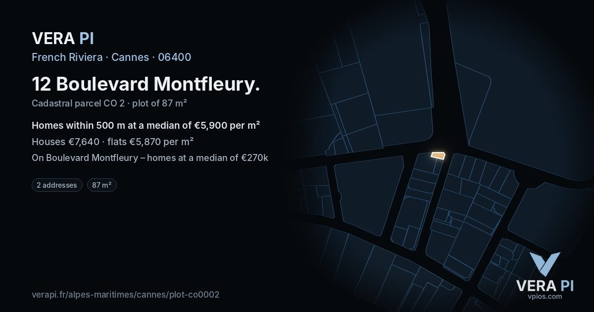 12 Boulevard Montfleury, Cannes at night – the plot lit, the parcels around coloured by the prices near them