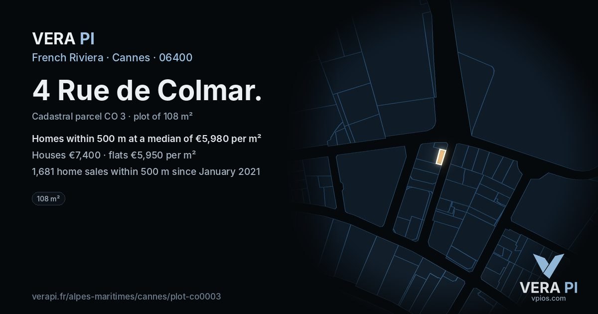 4 Rue de Colmar, Cannes at night – the plot lit, the parcels around coloured by the prices near them