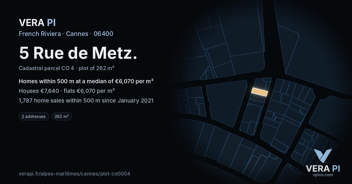 5 Rue de Metz, Cannes at night – the plot lit, the parcels around coloured by the prices near them