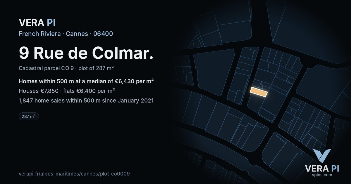 9 Rue de Colmar, Cannes at night – the plot lit, the parcels around coloured by the prices near them